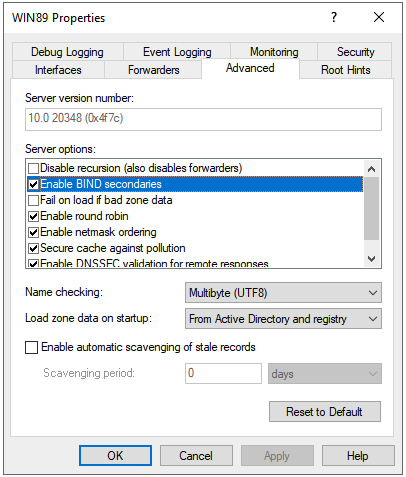 dns manager advanced tab